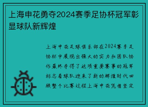 上海申花勇夺2024赛季足协杯冠军彰显球队新辉煌 上海申花勇夺2024赛季足协杯冠军彰显球队新辉煌